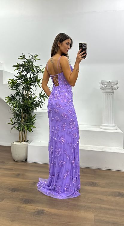 Lila İp Askılı Sırt Detay Özel El İşlemesi Abiye Elbise