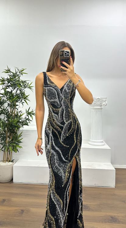 Siyah-Gold V Yaka Askılı Özel El İşlemesi Abiye Elbise