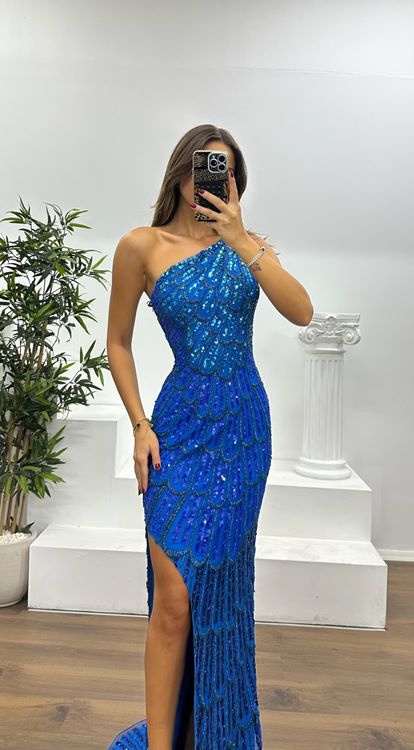 Saks Tek Omuz Sırt Detay Özel El İşlemesi Abiye Elbise