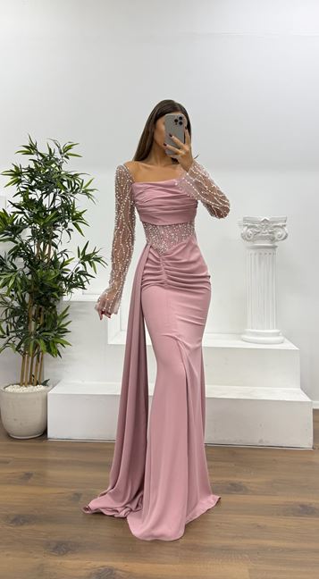 Rose Pink Waist Detail Evening Dress