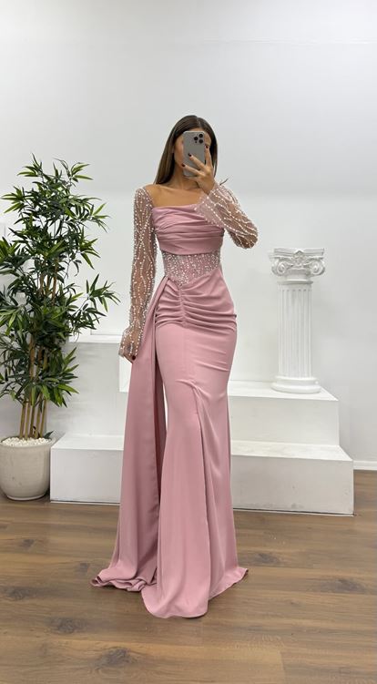 Gül Kurusu Bel Detay Abiye Elbise