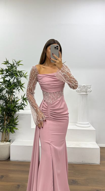 Gül Kurusu Bel Detay Abiye Elbise