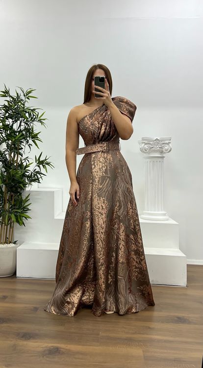 Kahve Tek Omuz Desenli Büyük Beden Abiye Elbise