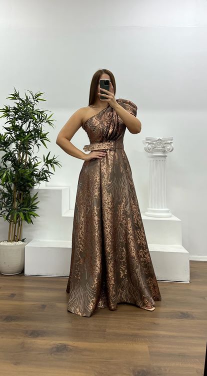 Kahve Tek Omuz Desenli Büyük Beden Abiye Elbise