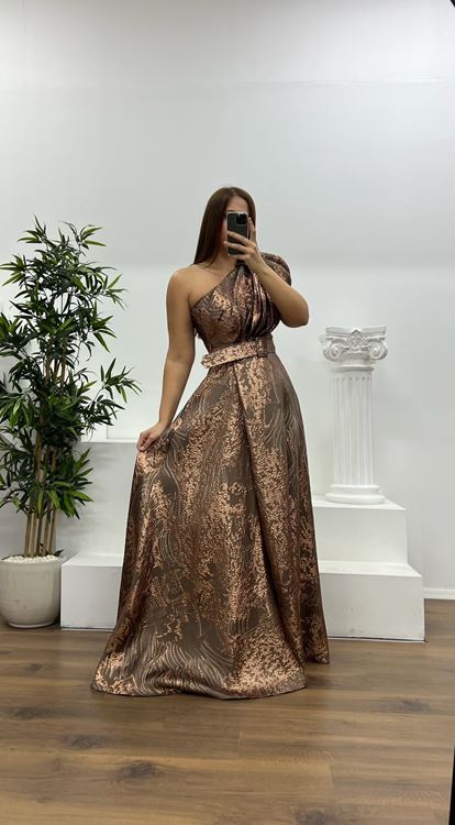 Kahve Tek Omuz Desenli Büyük Beden Abiye Elbise