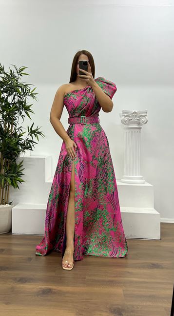 Fuchsia One-Shoulder Patterned Plus Size Evening Dress
