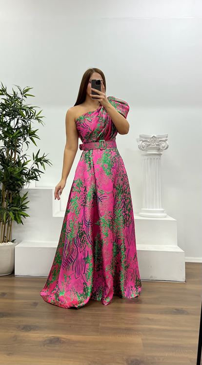 Fuşya Tek Omuz Desenli Büyük Beden Abiye Elbise