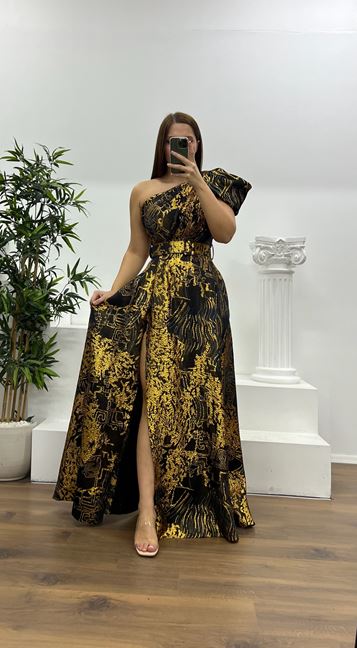 Black One-Shoulder Patterned Plus Size Evening Dress