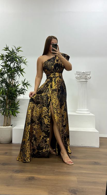 Siyah Tek Omuz Desenli Büyük Beden Abiye Elbise