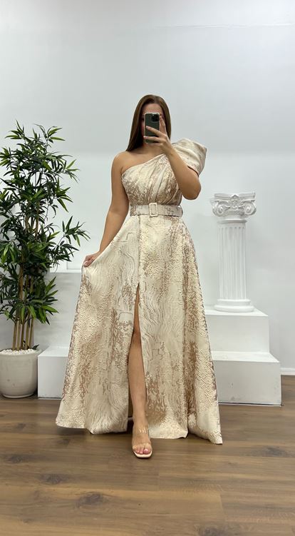 Kemik Tek Omuz Desenli Büyük Beden Abiye Elbise