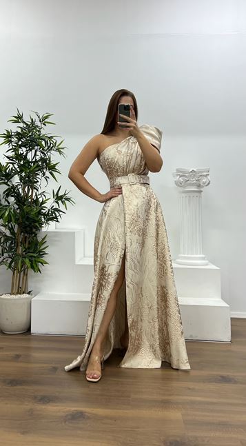 Bone One-Shoulder Patterned Plus Size Evening Dress
