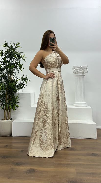 Kemik Tek Omuz Desenli Büyük Beden Abiye Elbise