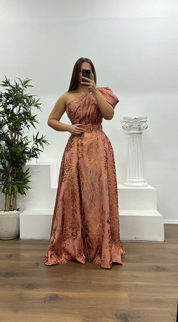Onion Skin One Shoulder Patterned Plus Size Evening Dress