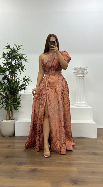 Soğan Kabuğu Tek Omuz Desenli Büyük Beden Abiye Elbise