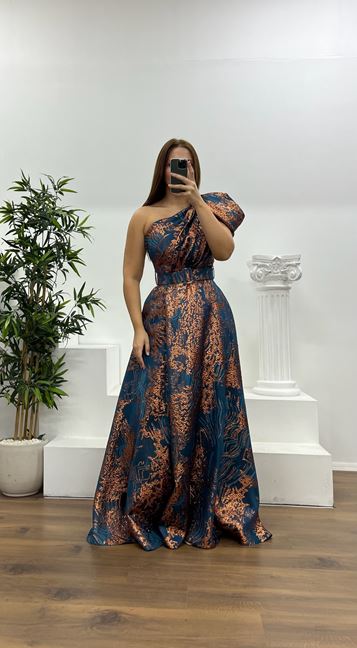 Petrol One-Shoulder Patterned Plus Size Evening Dress