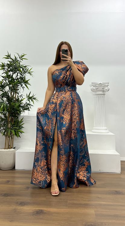 Petrol Tek Omuz Desenli Büyük Beden Abiye Elbise