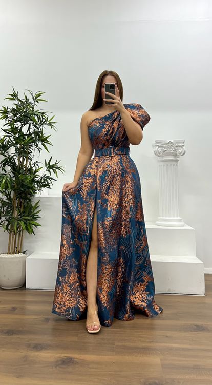 Petrol Tek Omuz Desenli Büyük Beden Abiye Elbise