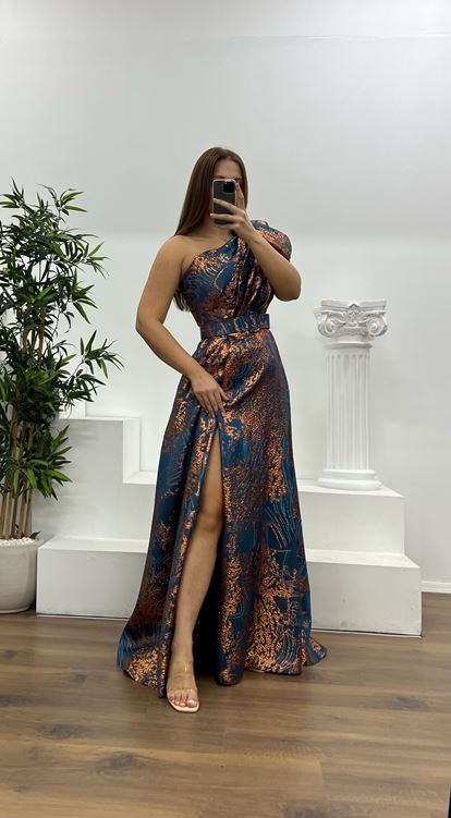 Petrol Tek Omuz Desenli Büyük Beden Abiye Elbise