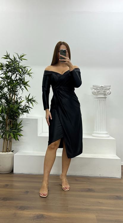 Siyah Kayık Yaka Midi Boy Büyük Beden Abiye Elbise