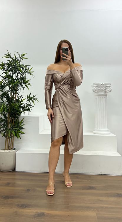 Vizon Kayık Yaka Midi Boy Büyük Beden Abiye Elbise