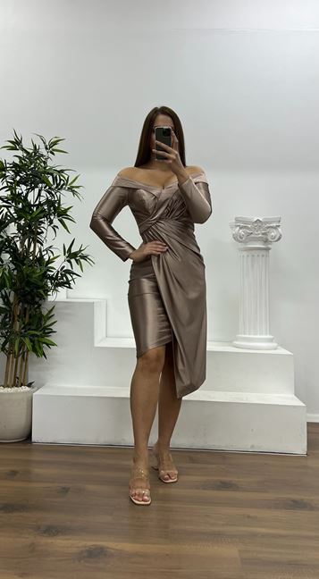 Mink Boat Neck Midi Length Plus Size Evening Dress