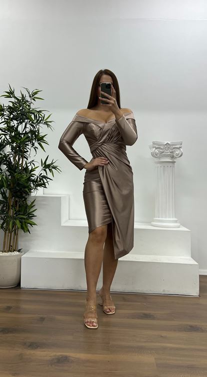 Vizon Kayık Yaka Midi Boy Büyük Beden Abiye Elbise