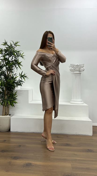 Vizon Kayık Yaka Midi Boy Büyük Beden Abiye Elbise