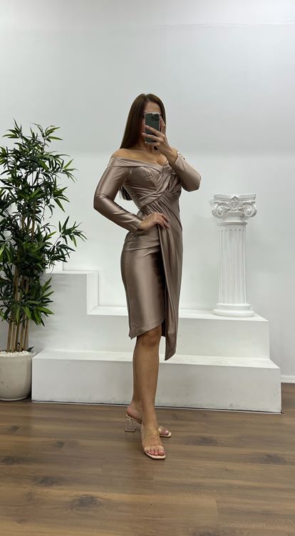 Vizon Kayık Yaka Midi Boy Büyük Beden Abiye Elbise