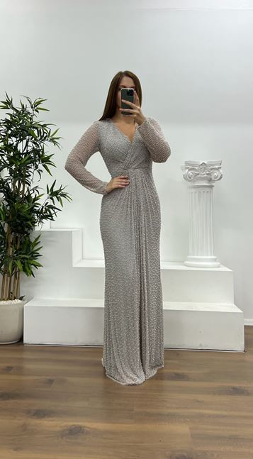 Gray V-Neck Pearl Plus Size Evening Dress