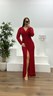 Kırmızı V Yaka İncili Büyük Beden Abiye Elbise