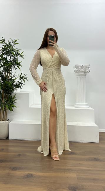 Tassel V Neck Pearl Plus Size Evening Dress