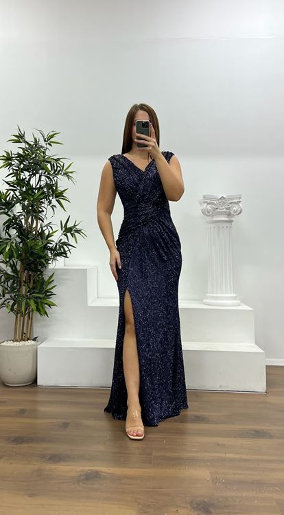 Abito da sera blu navy con spalline sottili e paillettes  taglie forti 