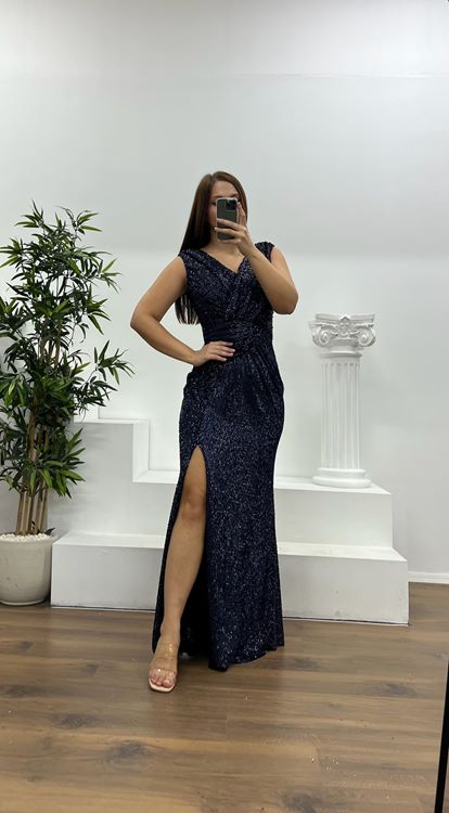 Abito da sera blu navy con spalline sottili e paillettes  taglie forti 