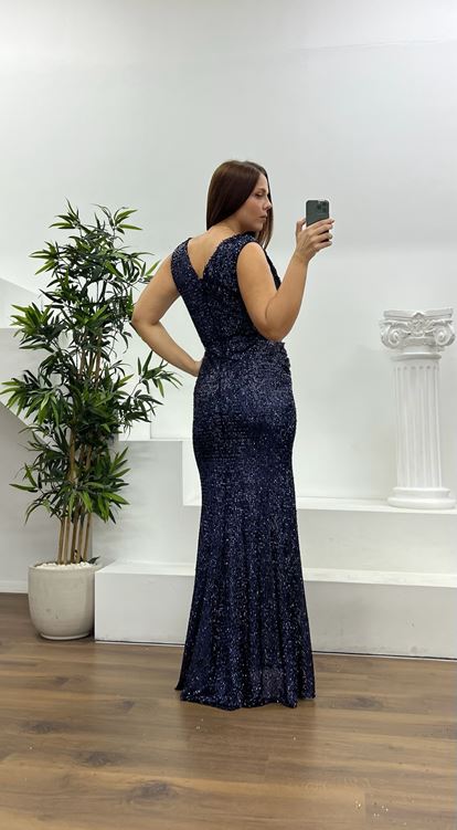 Abito da sera blu navy con spalline sottili e paillettes  taglie forti 