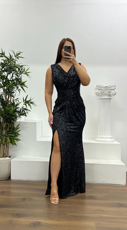 Abito da sera nero con spalline sottili e paillettes  taglia plus size 
