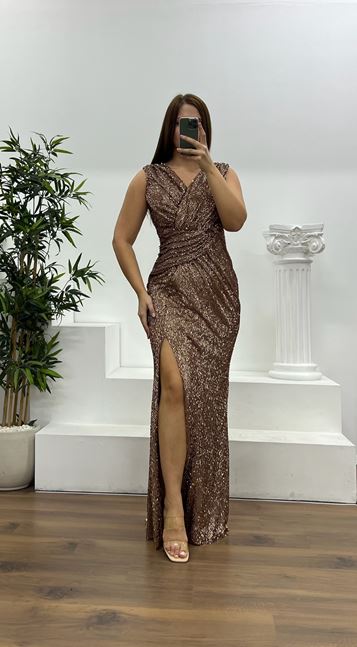 Copper Strap Sequined Plus Size Evening Dress