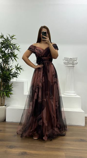 Onion Madonna Collar Patterned Tulle Plus Size Evening Dress