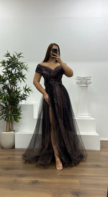 Brown Madonna Collar Patterned Tulle Plus Size Evening Dress