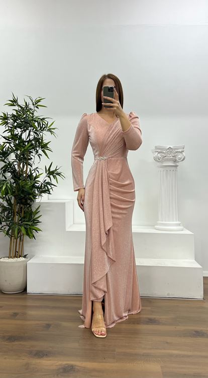 Pudra Broş Detay Simli Büyük Beden Abiye Elbise