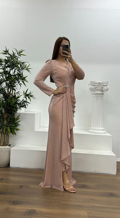 Pudra Broş Detay Simli Büyük Beden Abiye Elbise