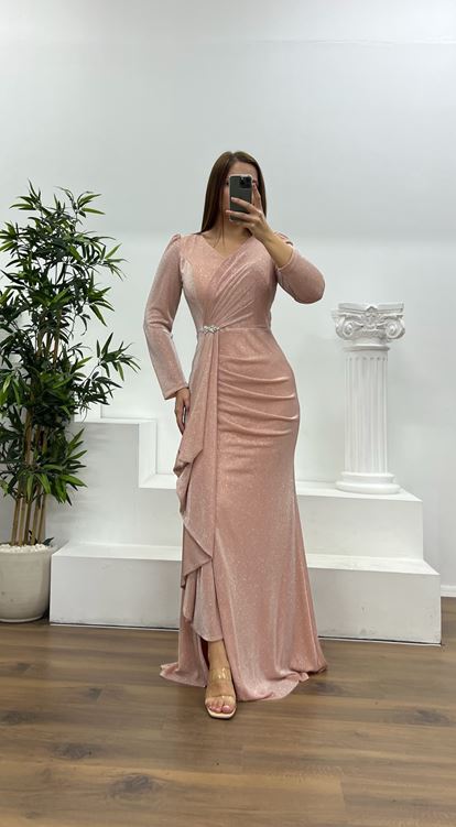 Pudra Broş Detay Simli Büyük Beden Abiye Elbise