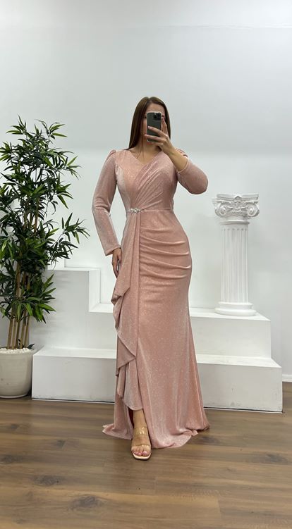 Pudra Broş Detay Simli Büyük Beden Abiye Elbise