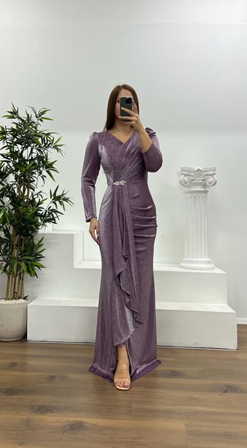 Lilac Brooch Detail Glittery Plus Size Evening Dress