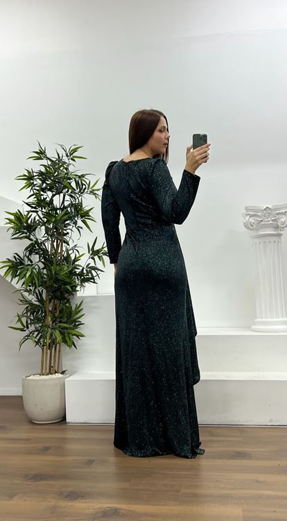 Petrol Broş Detay Simli Büyük Beden Abiye Elbise