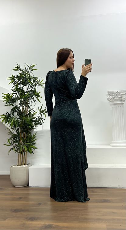 Petrol Broş Detay Simli Büyük Beden Abiye Elbise