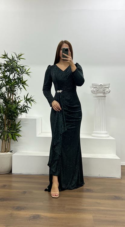 Petrol Broş Detay Simli Büyük Beden Abiye Elbise