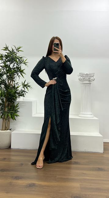 Petrol Brooch Detail Glittery Plus Size Evening Dress