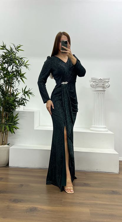 Petrol Broş Detay Simli Büyük Beden Abiye Elbise