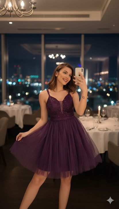 Purple Straped Mini Tulle Evening Dress