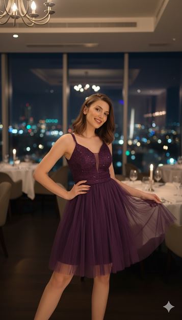 Purple Straped Mini Tulle Evening Dress